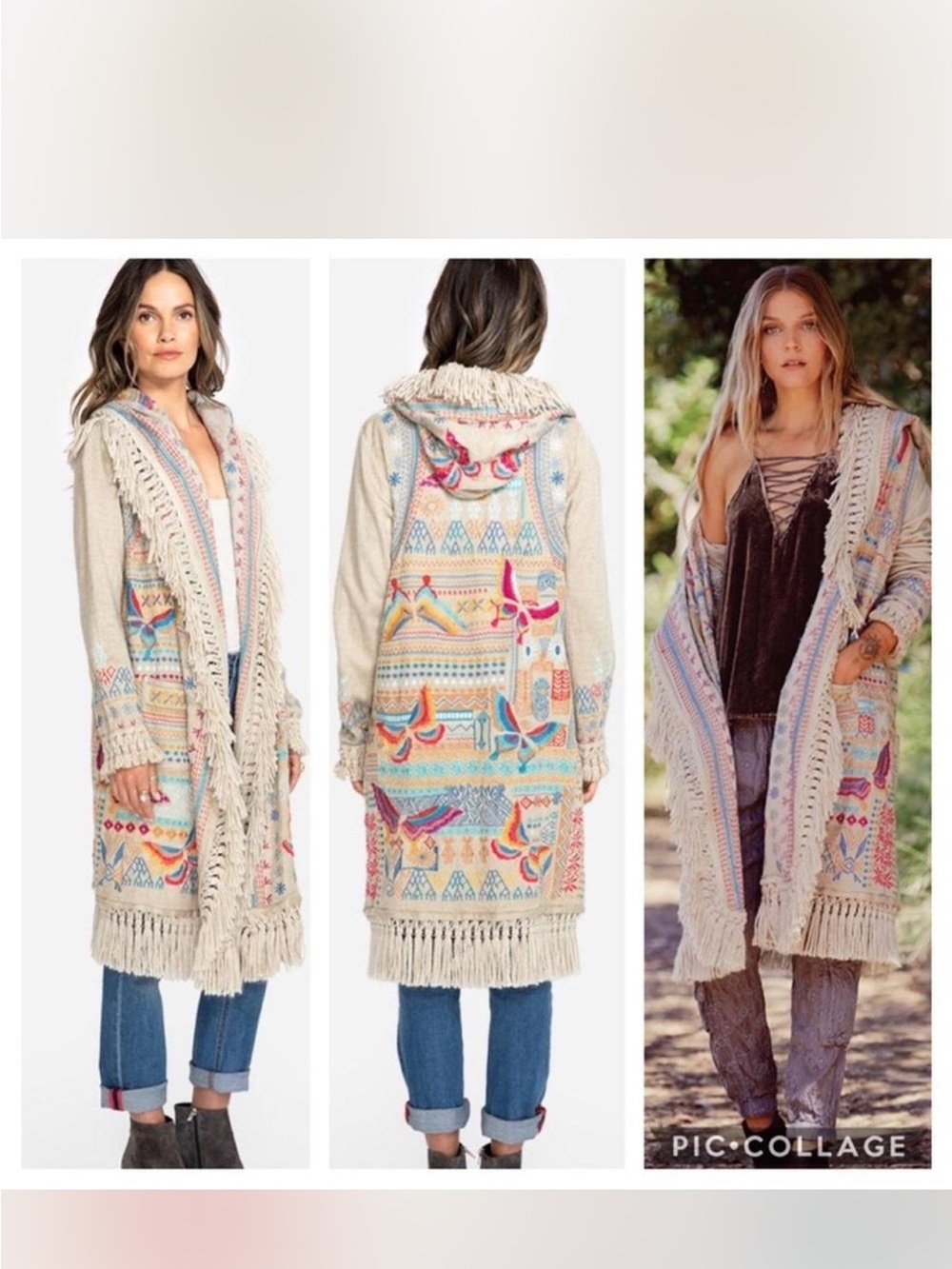 Johnny Was Cream Multicolor Embroidered Fringe Hooded Cardigan butterfly 🦋 Small